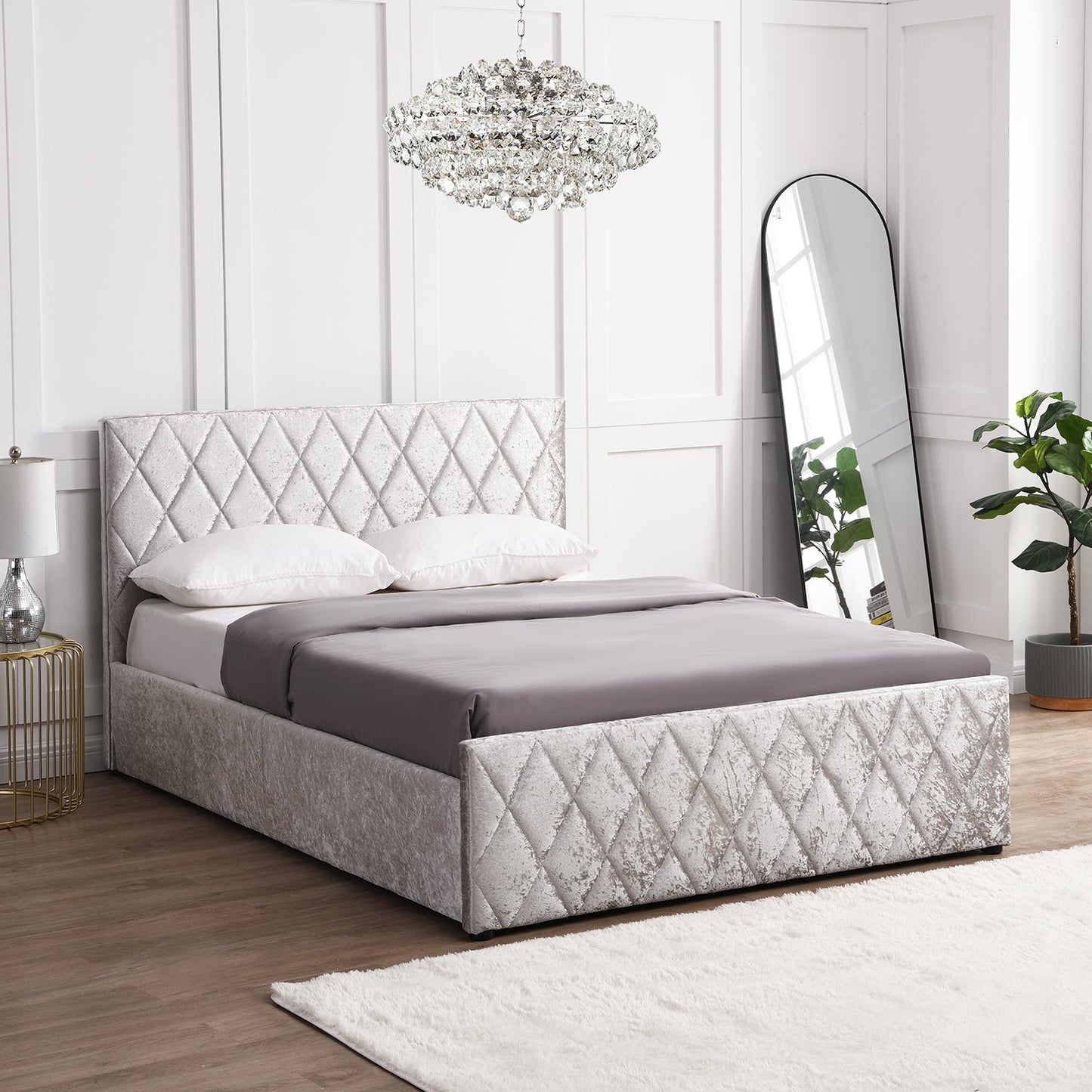 Hayden Crushed Velvet Side Lift Storage Ottoman Upholstered Bed Frame Silver