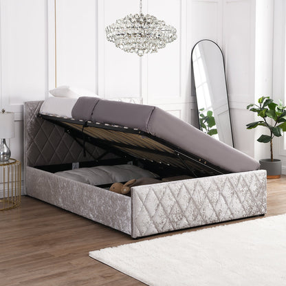 Hayden Crushed Velvet Side Lift Storage Ottoman Upholstered Bed Frame Silver