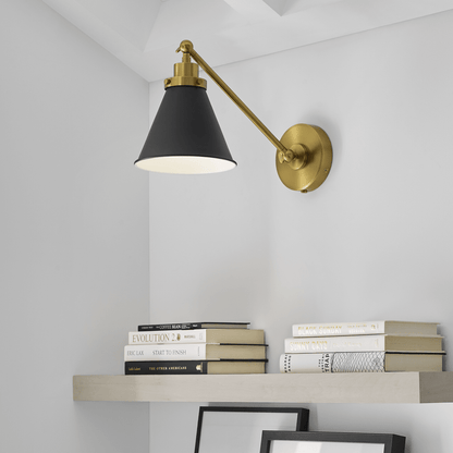 Wellfleet Single Arm Cone Task Sconce - Midnight Black & Burnished Brass with Matte Black