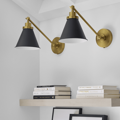 Wellfleet Single Arm Cone Task Sconce - Midnight Black & Burnished Brass with Matte Black