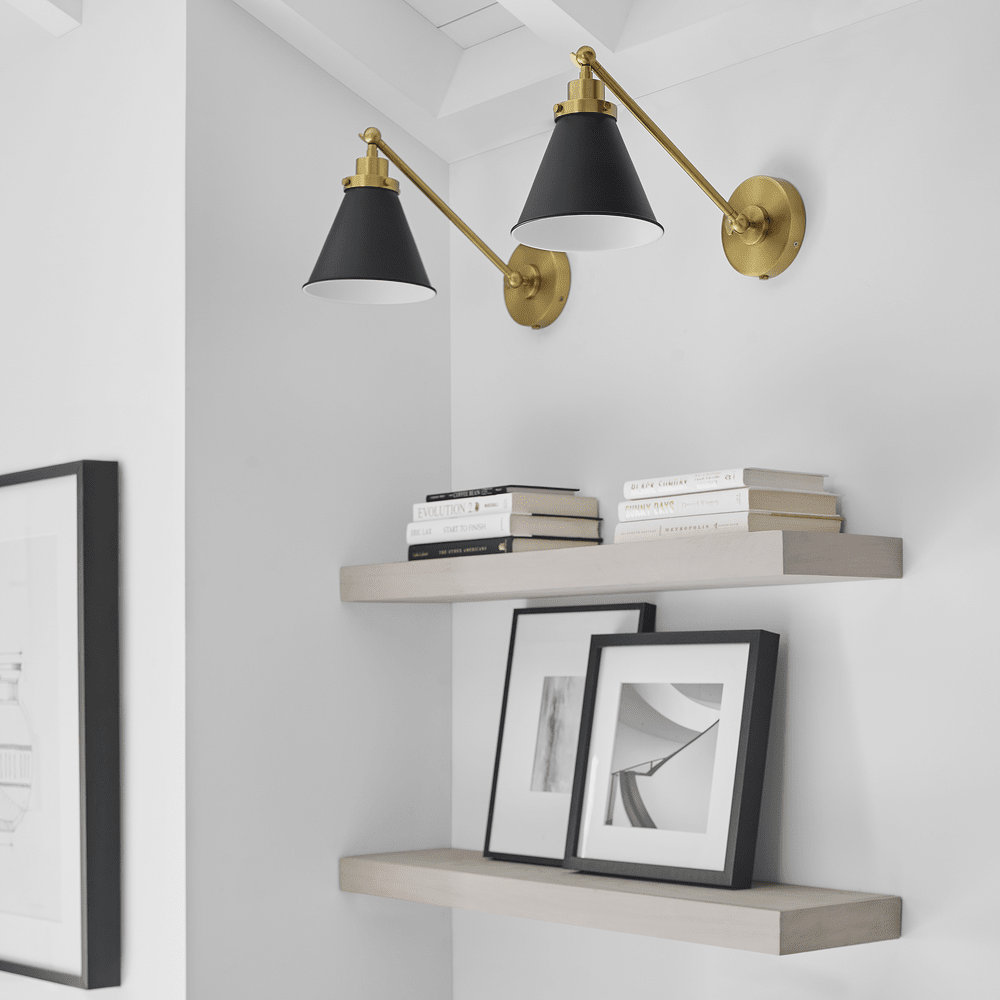 Wellfleet Single Arm Cone Task Sconce - Midnight Black & Burnished Brass with Matte Black