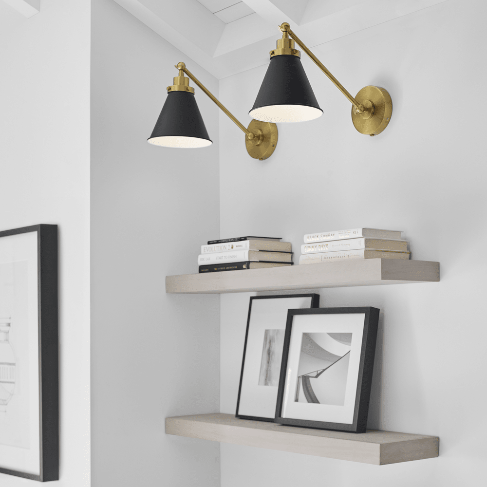 Wellfleet Single Arm Cone Task Sconce - Midnight Black & Burnished Brass with Matte Black