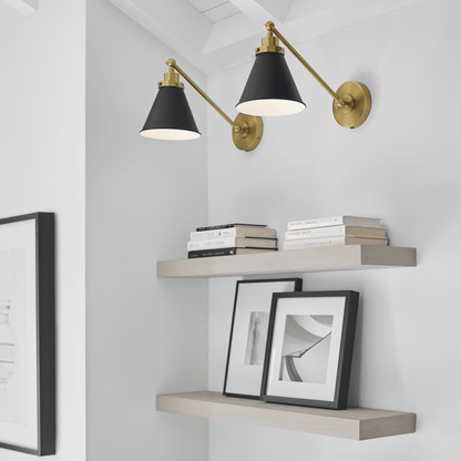 Wellfleet Single Arm Cone Task Sconce - Midnight Black & Burnished Brass with Matte Black