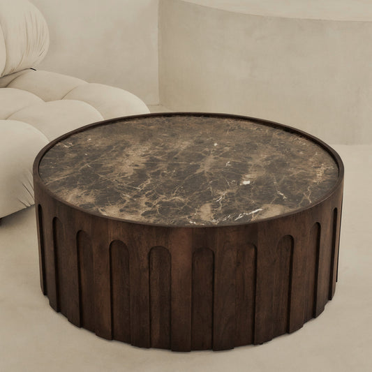 Valor - Dark Emperador Marble Round Dark Wood Premium Coffee Table