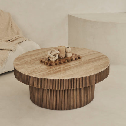 Sloane - Beige Travertine Round Warm Wood Premium Coffee Table