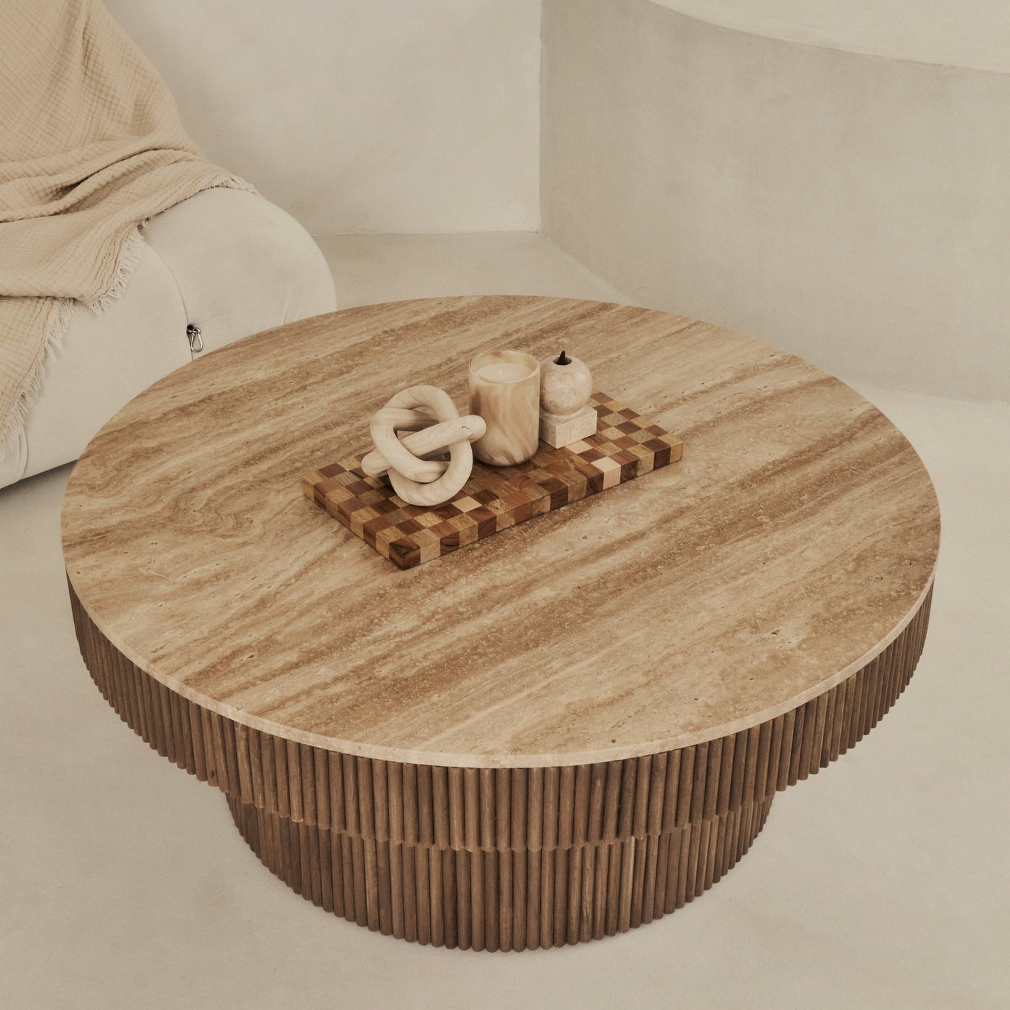 Sloane - Beige Travertine Round Warm Wood Premium Coffee Table