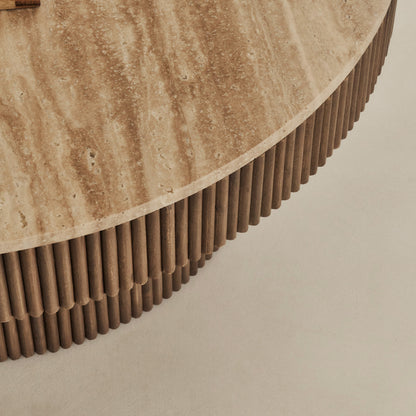 Sloane - Beige Travertine Round Warm Wood Premium Coffee Table