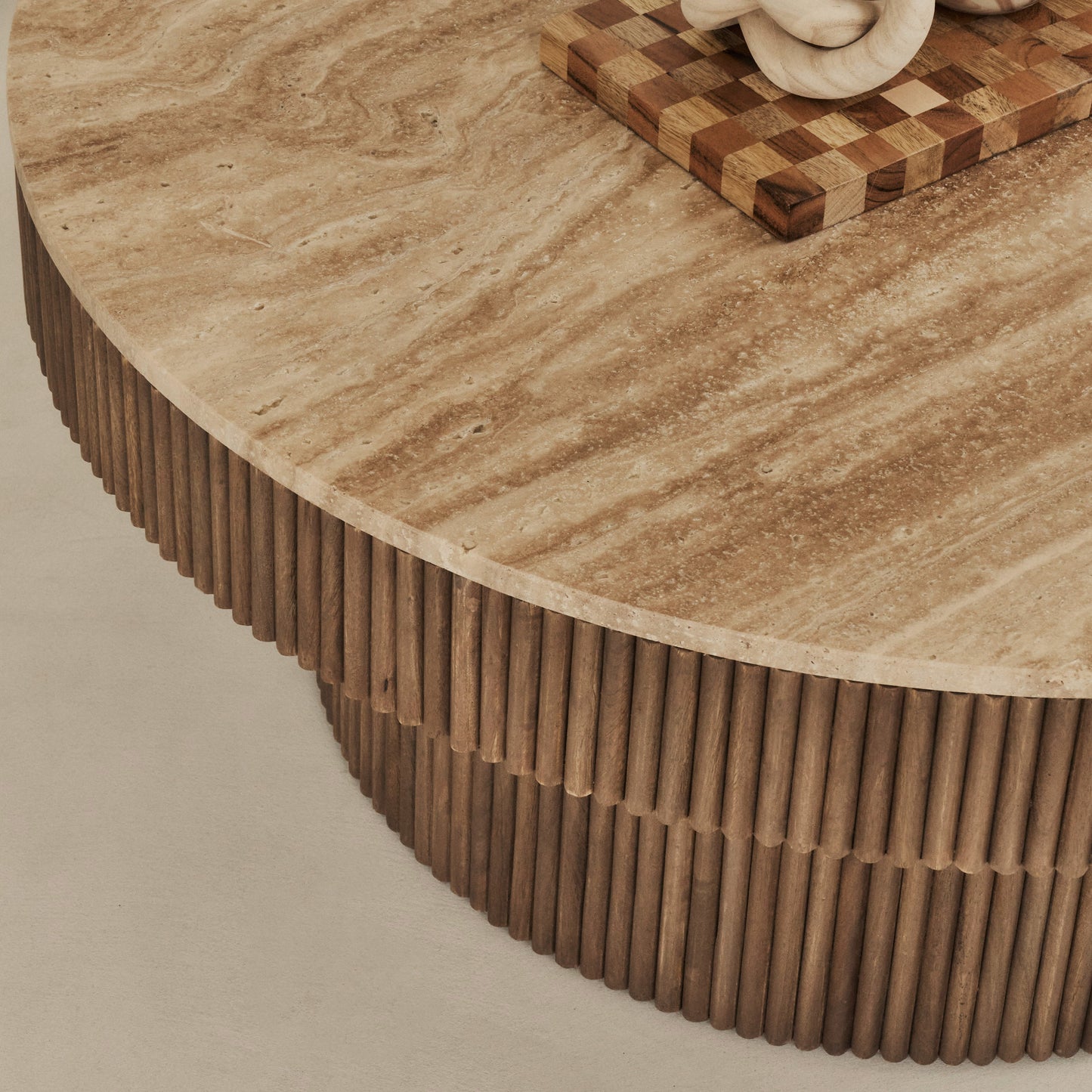 Sloane - Beige Travertine Round Warm Wood Premium Coffee Table