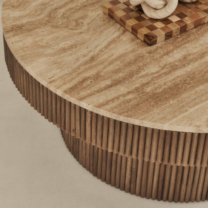 Sloane - Beige Travertine Round Warm Wood Premium Coffee Table