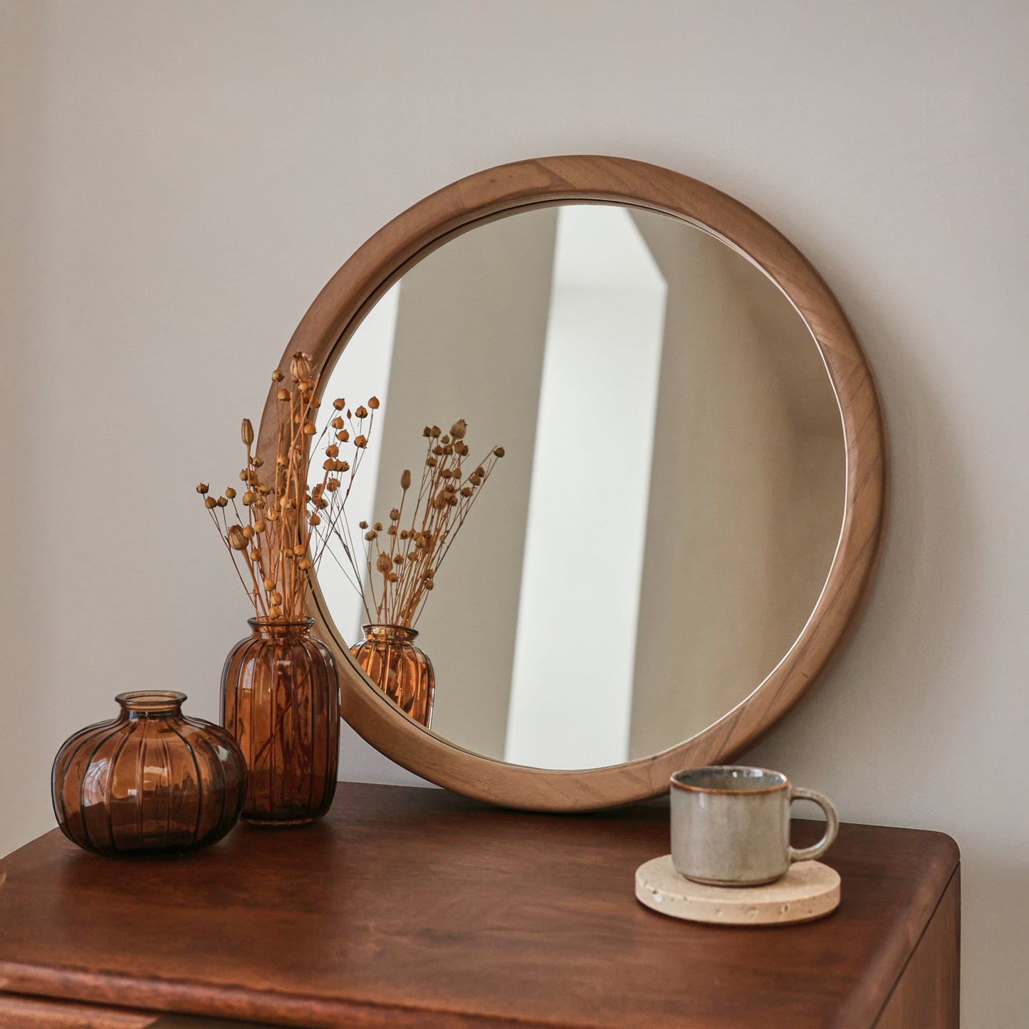 Arden - Warm Wood Round Wooden Wall Mirror 40cm x 40cm