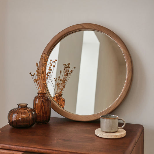 Arden - Warm Wood Round Wooden Wall Mirror 40cm x 40cm