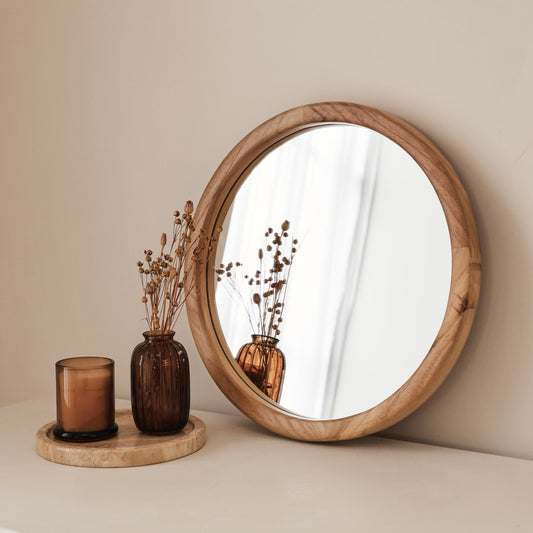 Arden - Light Wood Round Wooden Wall Mirror 40cm x 40cm