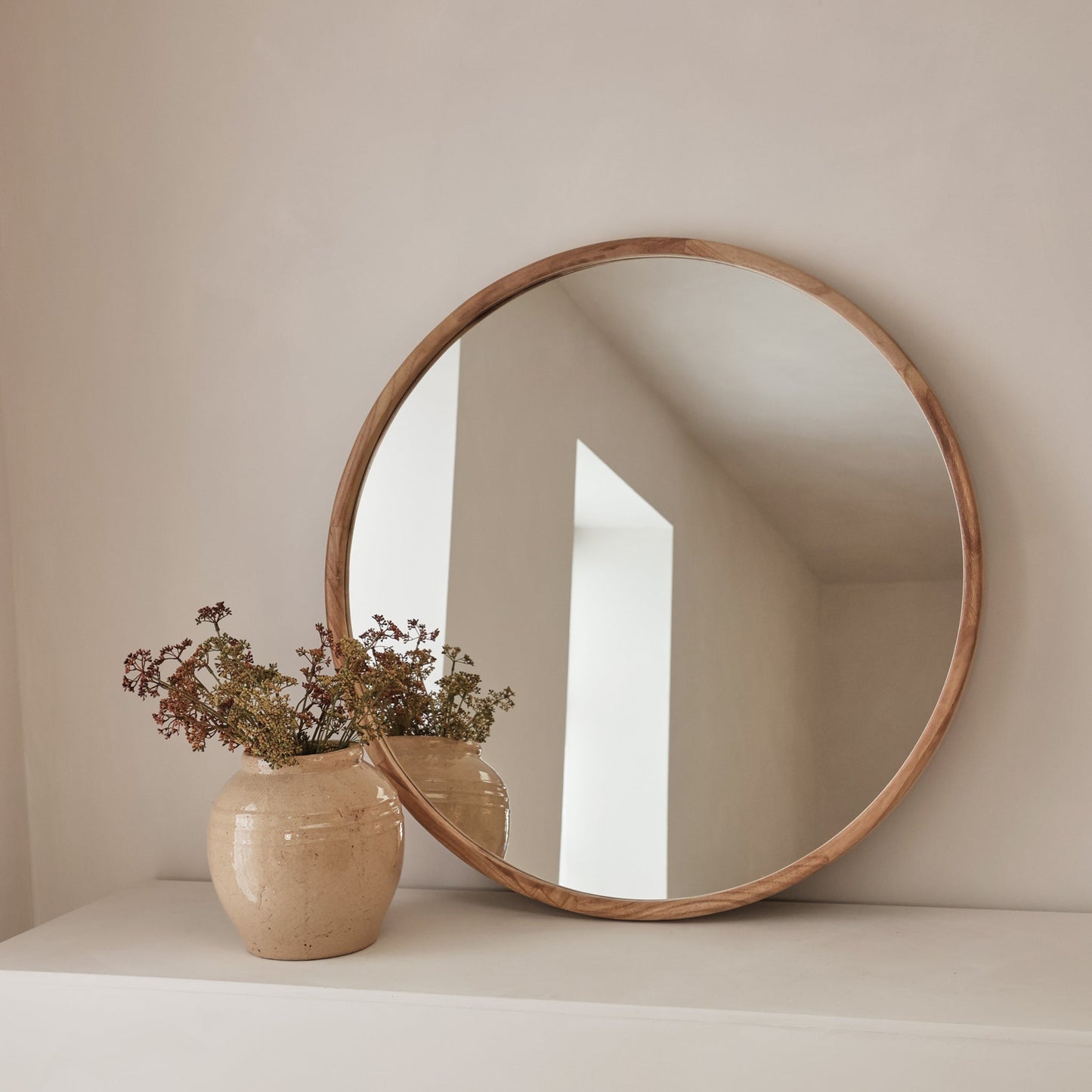 Arden - Large Light Wood Round Wooden Wall Mirror 90cm x 90cm