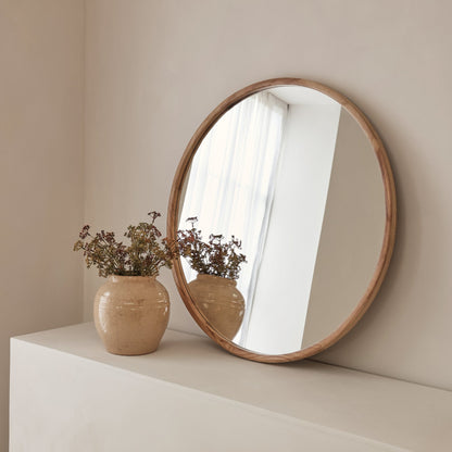 Arden - Large Light Wood Round Wooden Wall Mirror 90cm x 90cm