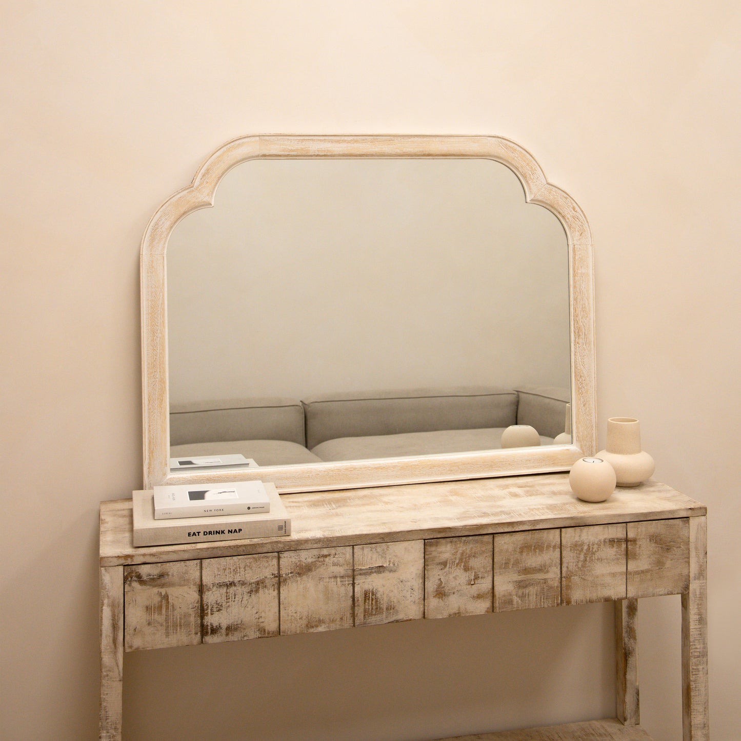 Elena - White Washed Wood Arched Overmantle Mirror 100cm x 75cm