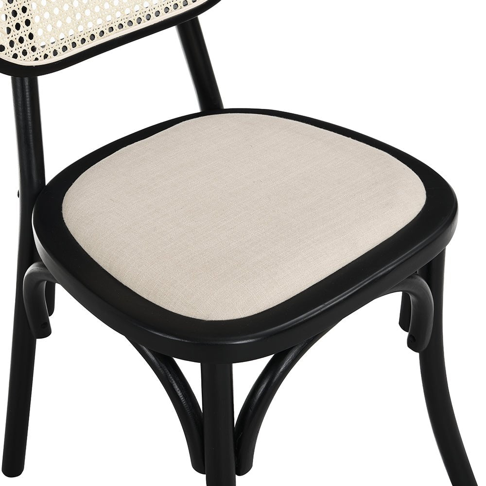 Anya Set of 2 Cane Rattan and Upholstered Dining Chairs, Black Colour
