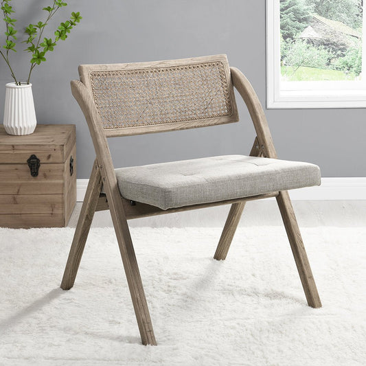 Bordon Natural Cane Rattan Folding Chair with Grey Upholstered Seat