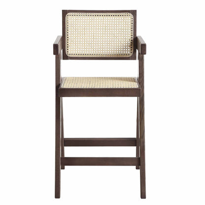 Jeanne Dark Walnut Cane Rattan Solid Beech Wood Counter Stool