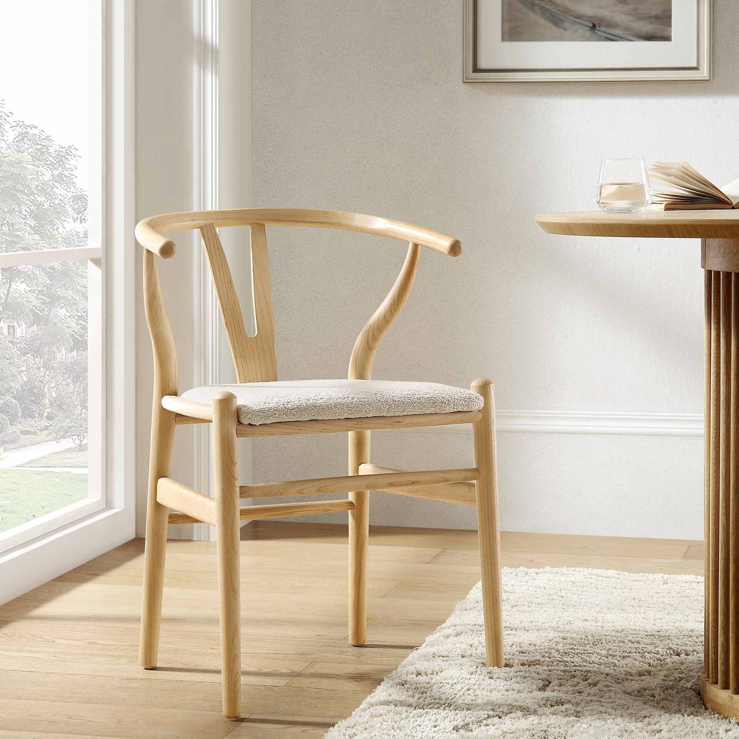 Hansel Wooden Dining Chair, Ivory White Boucle and Natural Frame