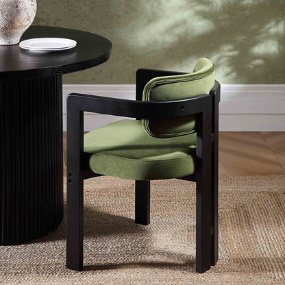 Stanford Curved Oak Frame Upholstered Chair, Moss Green Velvet Black Frame