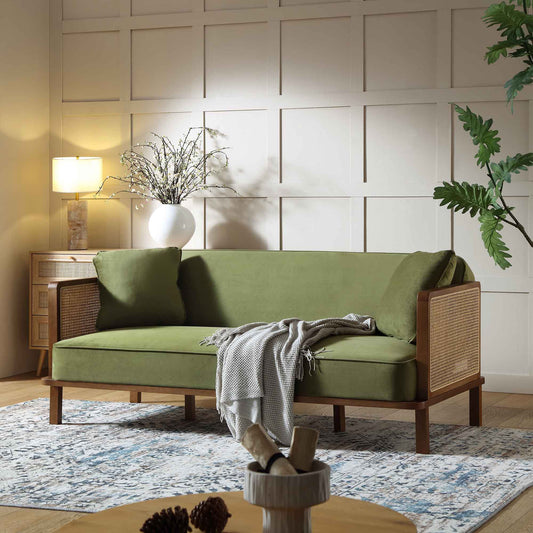 Pienza Cane Sofa Bed, Moss Green Velvet with Walnut Frame