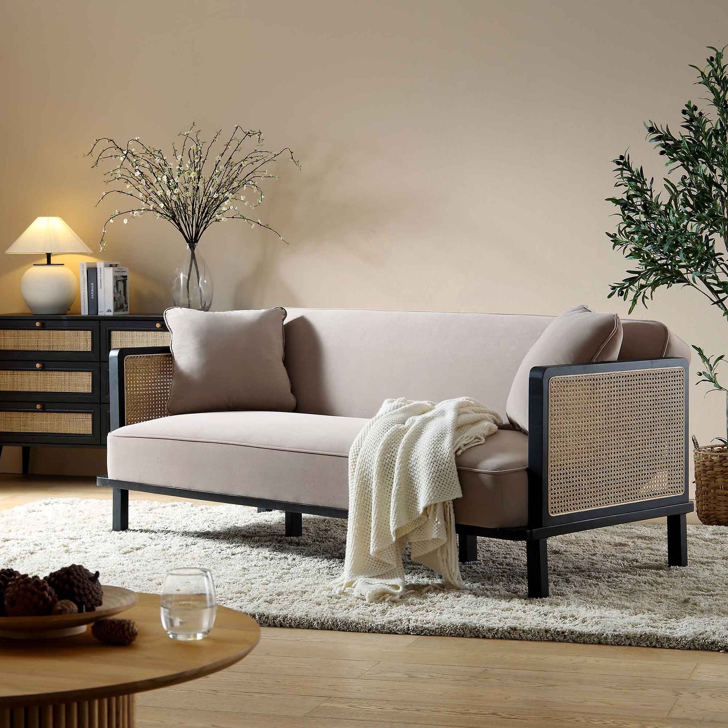 Pienza Cane Sofa Bed, Taupe Velvet with Black Solid Wood Frame