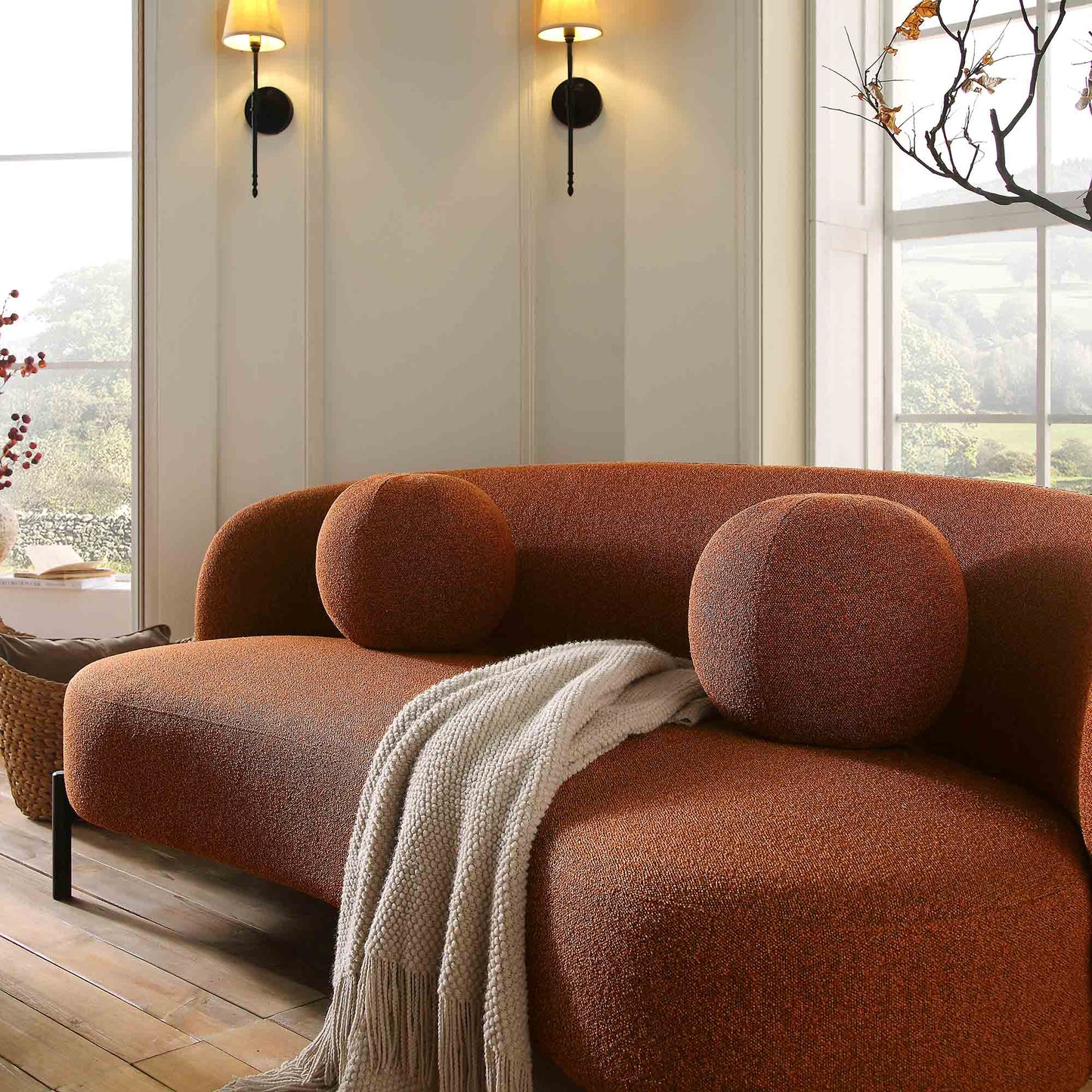 Amboise 3-Seater Curved Sofa with Ball Cushions, Brick Boucle