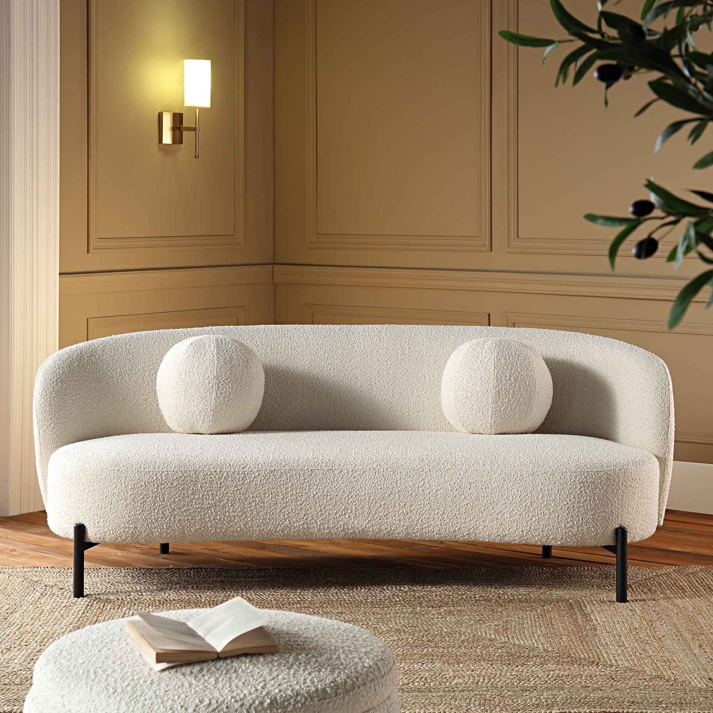 Amboise 3-Seater Curved Sofa with Ball Cushions, Ecru Boucle
