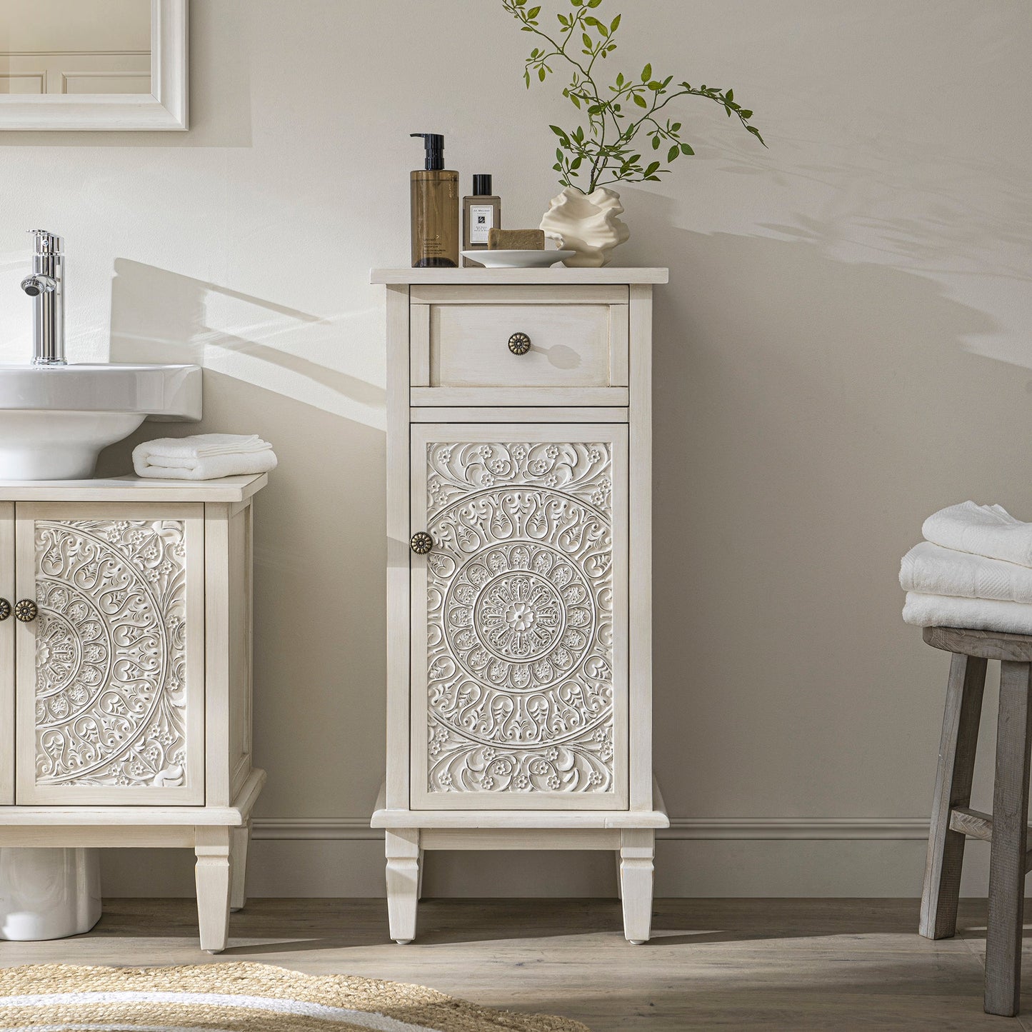 Chantilly Whitewashed Carved Bathroom Cupboard