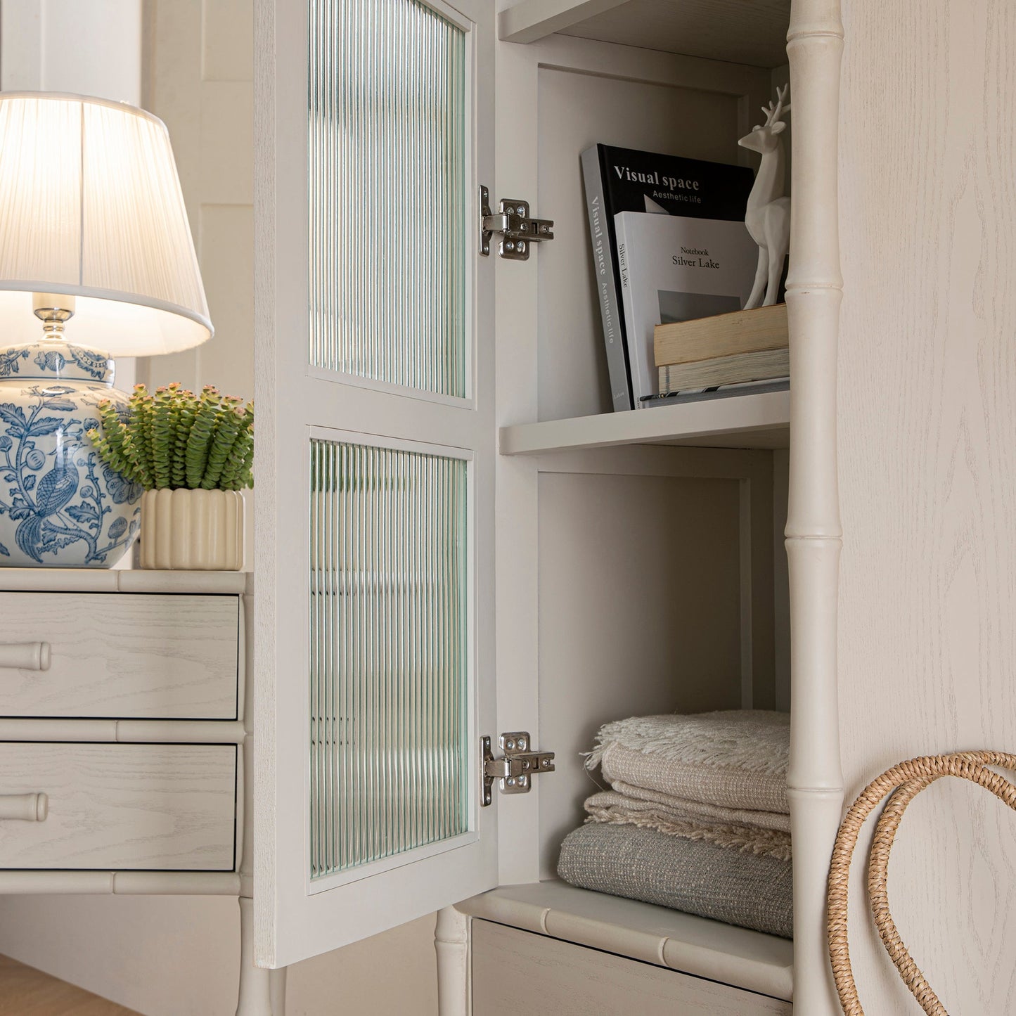 Elstowe Faux Bamboo and Fluted Glass 1-Door Cabinet, Shaded White