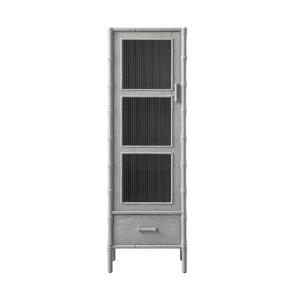 Elstowe Faux Bamboo and Fluted Glass 1-Door Cabinet, Warm Grey