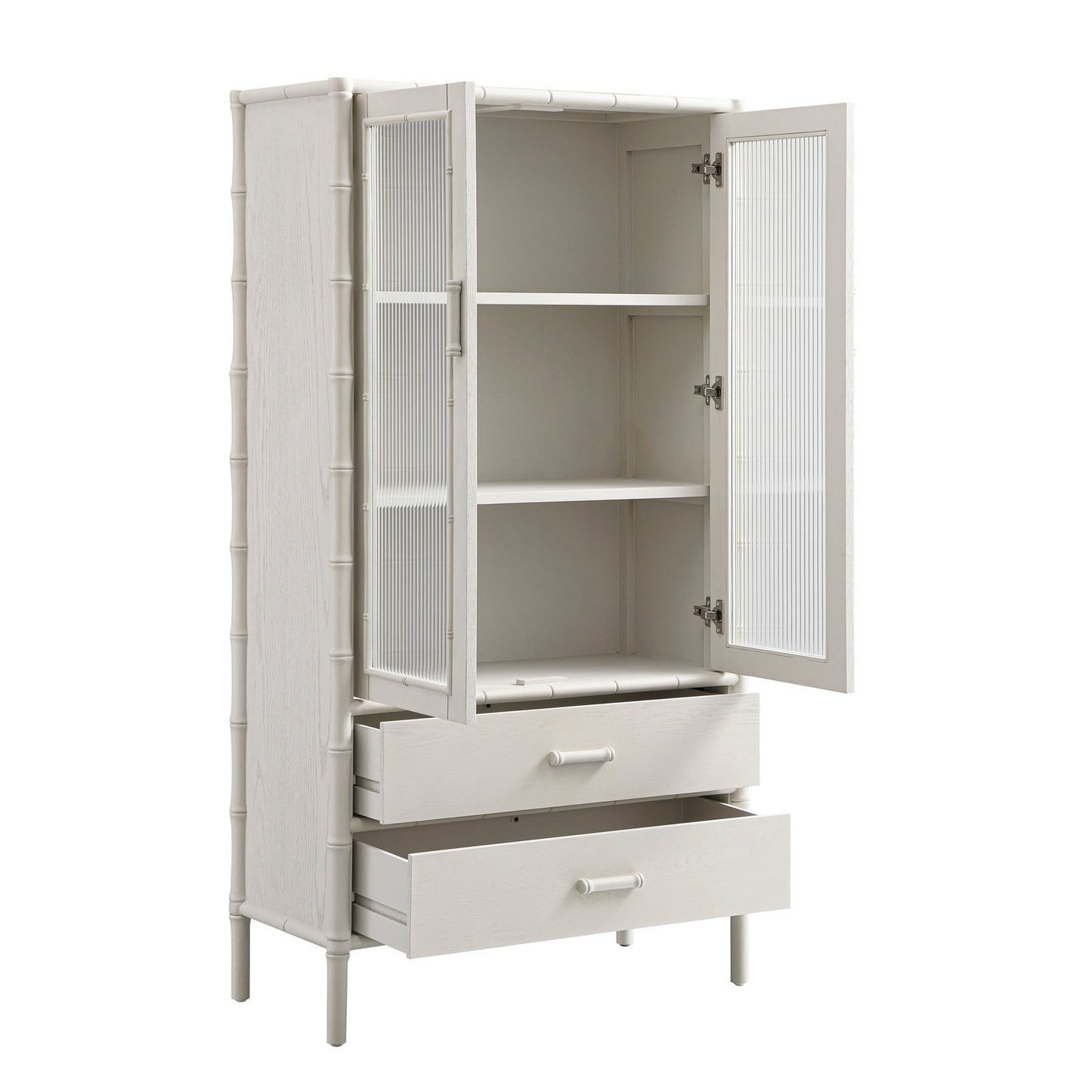 Elstowe Faux Bamboo and Fluted Glass 2-Door Cabinet, Shaded White