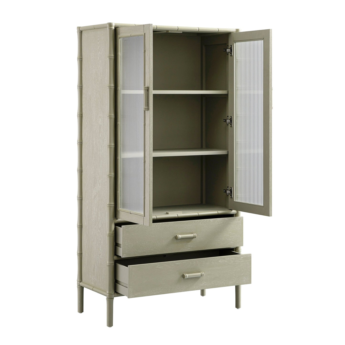 Elstowe Faux Bamboo and Fluted Glass 2-Door Cabinet, Sage Green