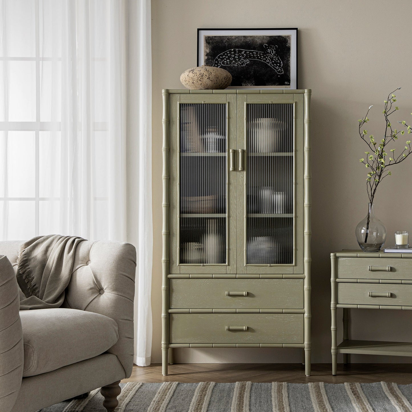 Elstowe Faux Bamboo and Fluted Glass 2-Door Cabinet, Sage Green