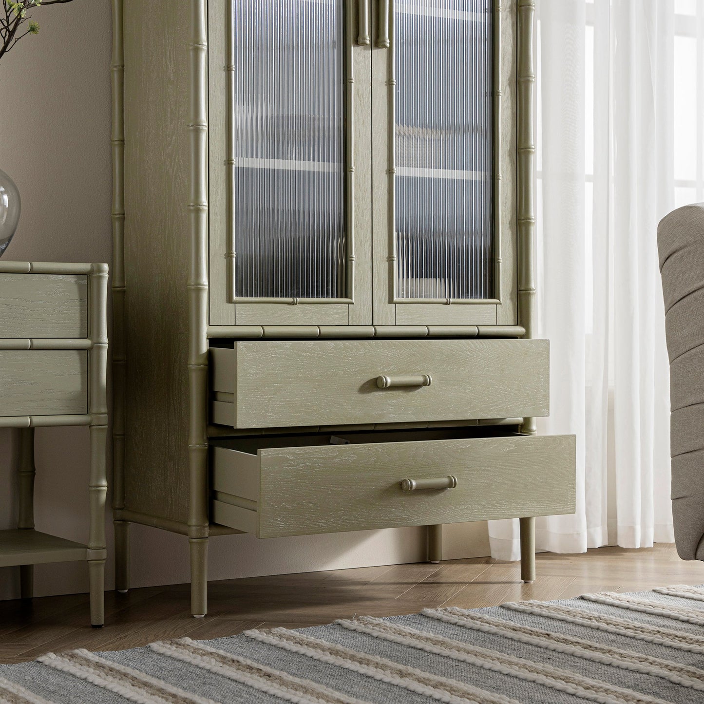 Elstowe Faux Bamboo and Fluted Glass 2-Door Cabinet, Sage Green