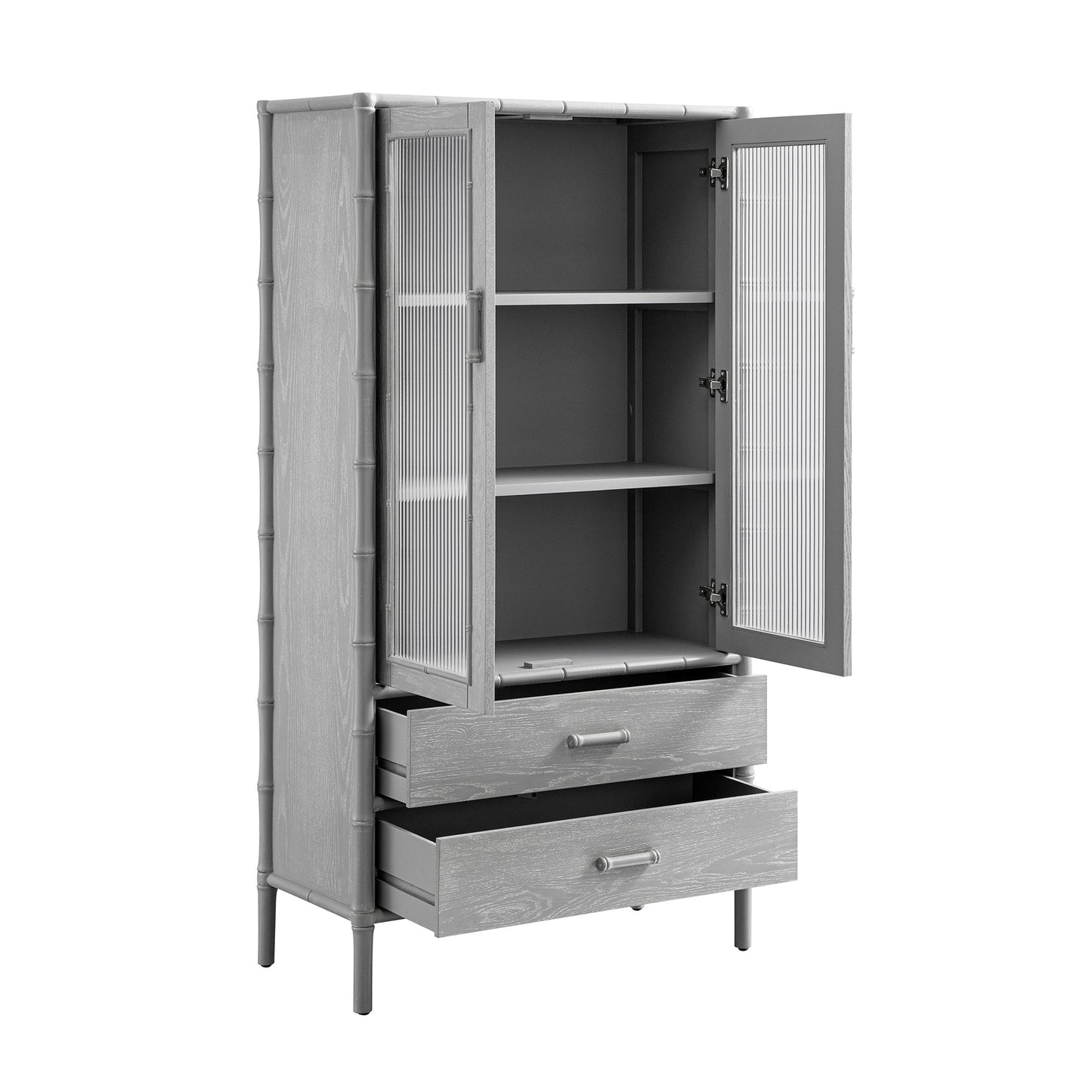 Elstowe Faux Bamboo and Fluted Glass 2-Door Cabinet, Warm Grey