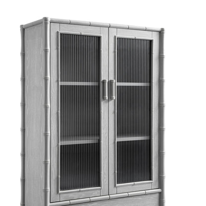 Elstowe Faux Bamboo and Fluted Glass 2-Door Cabinet, Warm Grey