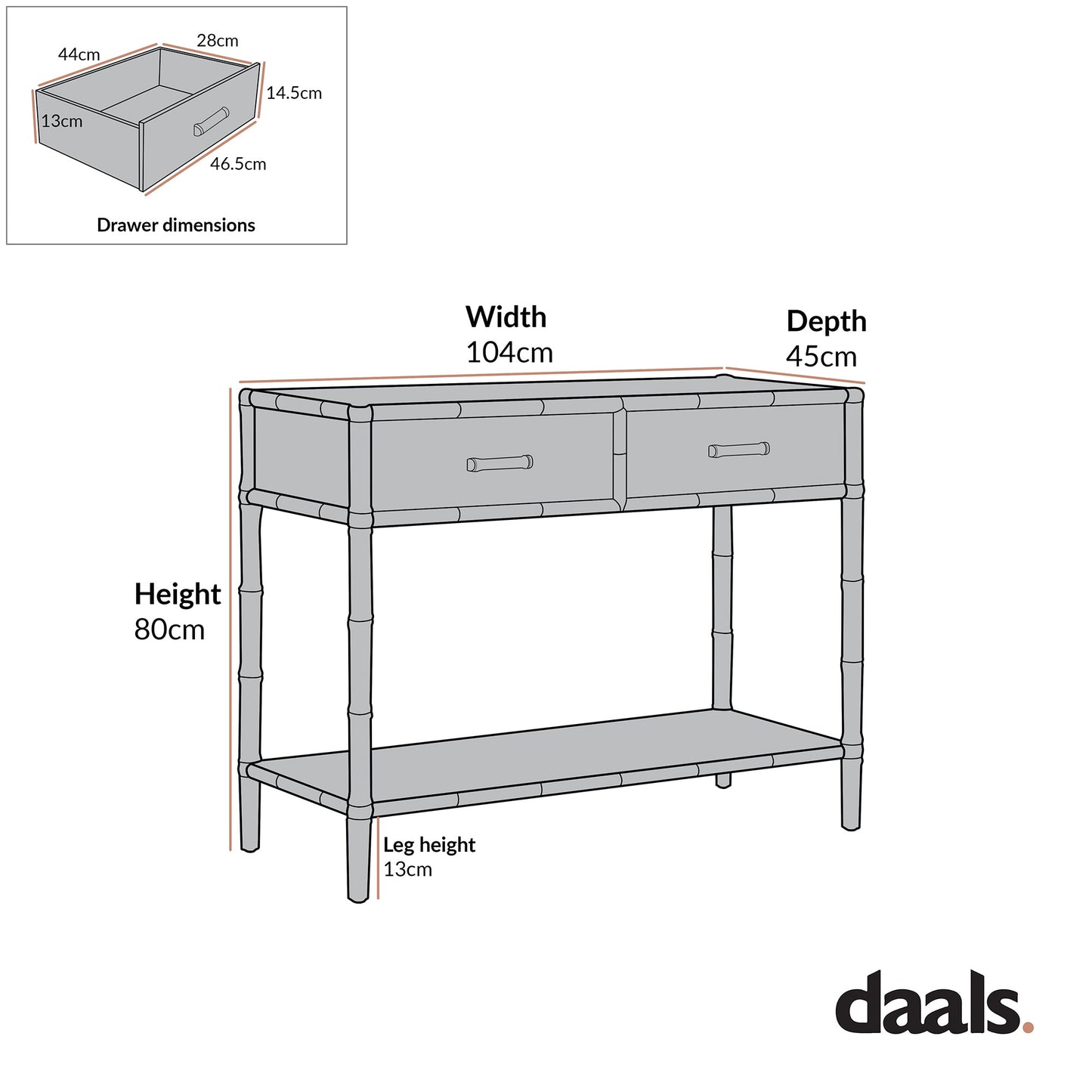 Elstowe Faux Bamboo 2-Drawer Console Table, Nude Pink