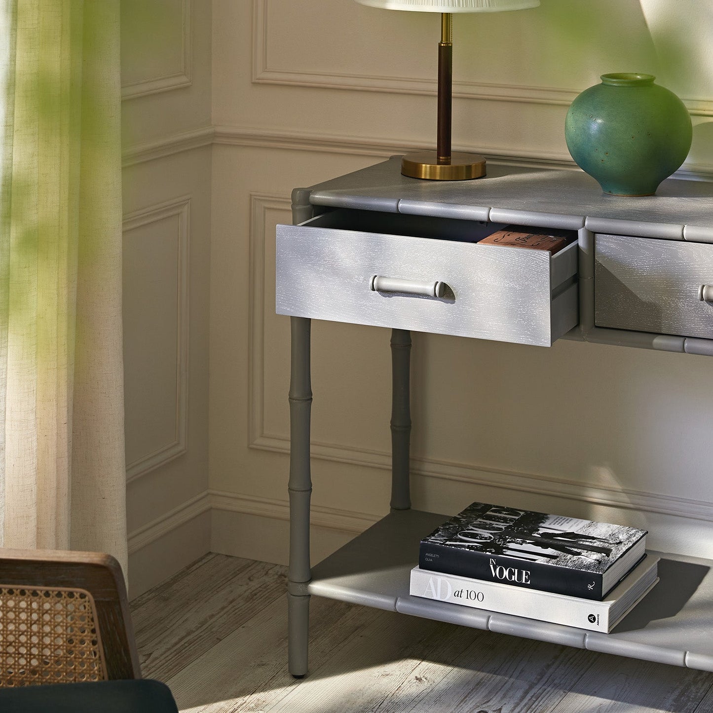 Elstowe Faux Bamboo 2-Drawer Console Table, Warm Grey