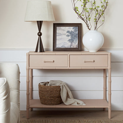 Elstowe Faux Bamboo 2-Drawer Console Table, Nude Pink