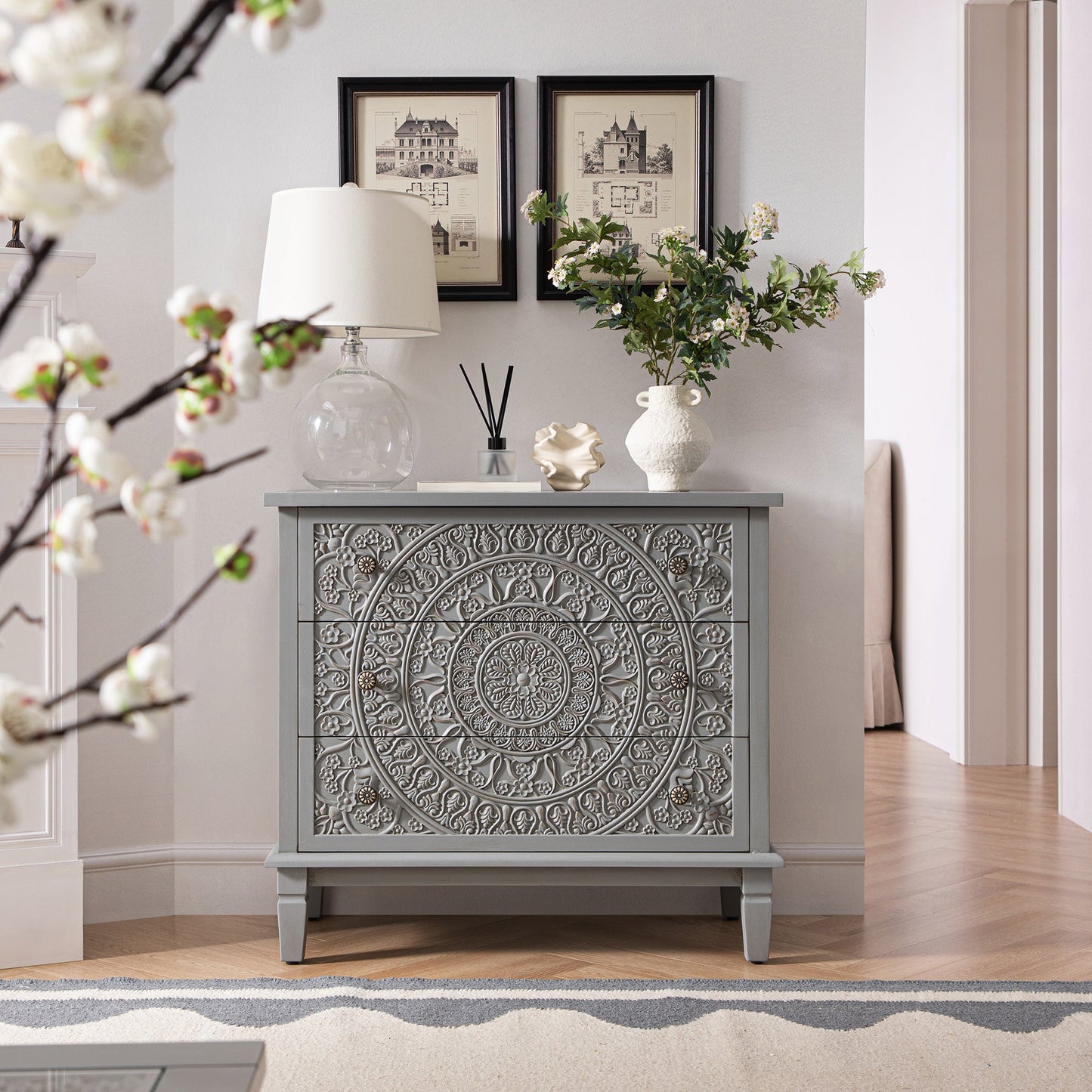 Chantilly Mid Grey Carved 3 Drawer Chest