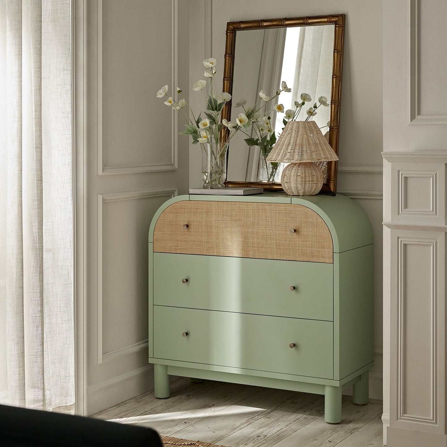 Maude Chest of 3 Drawers, Muted Pistachio Ash with Raffia