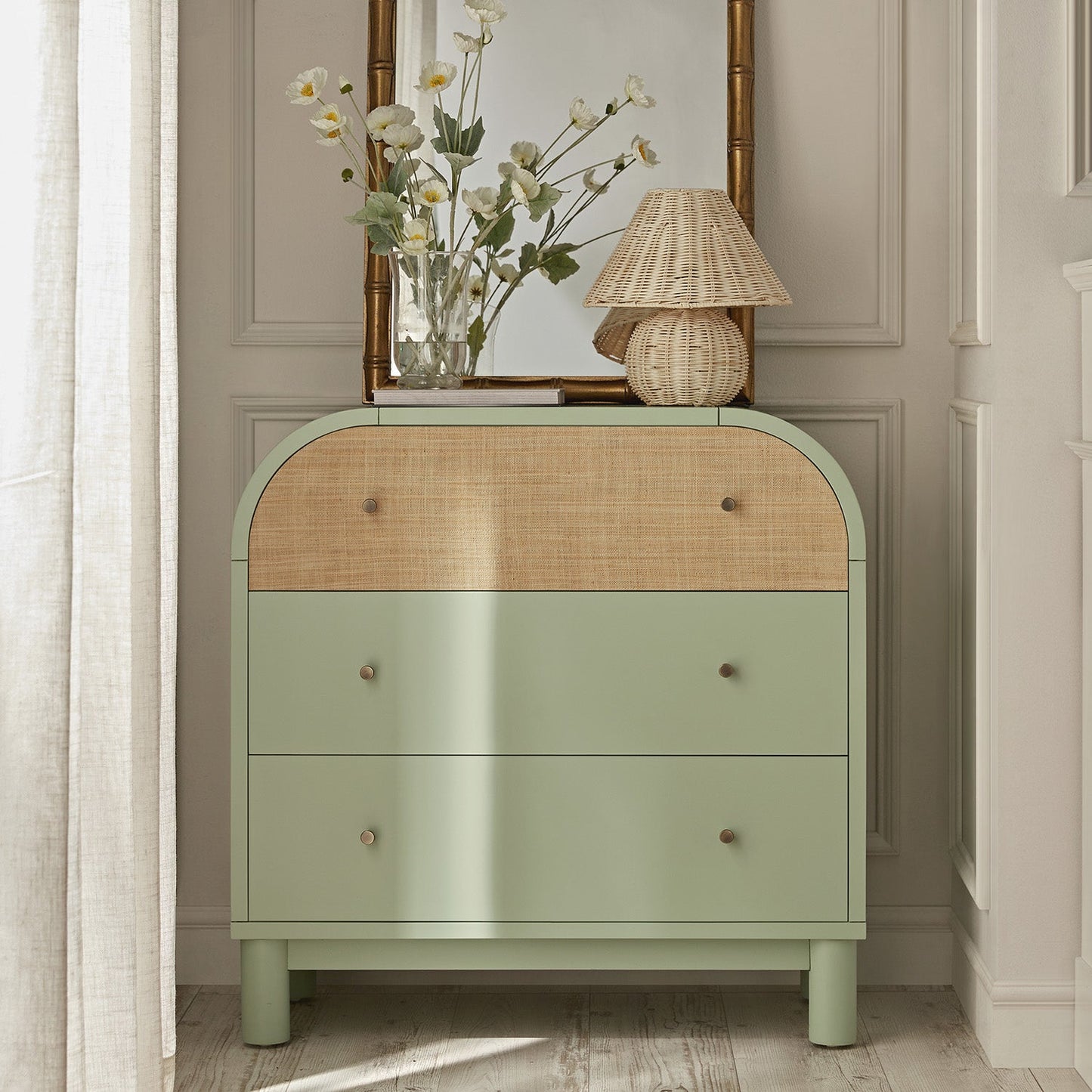 Maude Chest of 3 Drawers, Muted Pistachio Ash with Raffia
