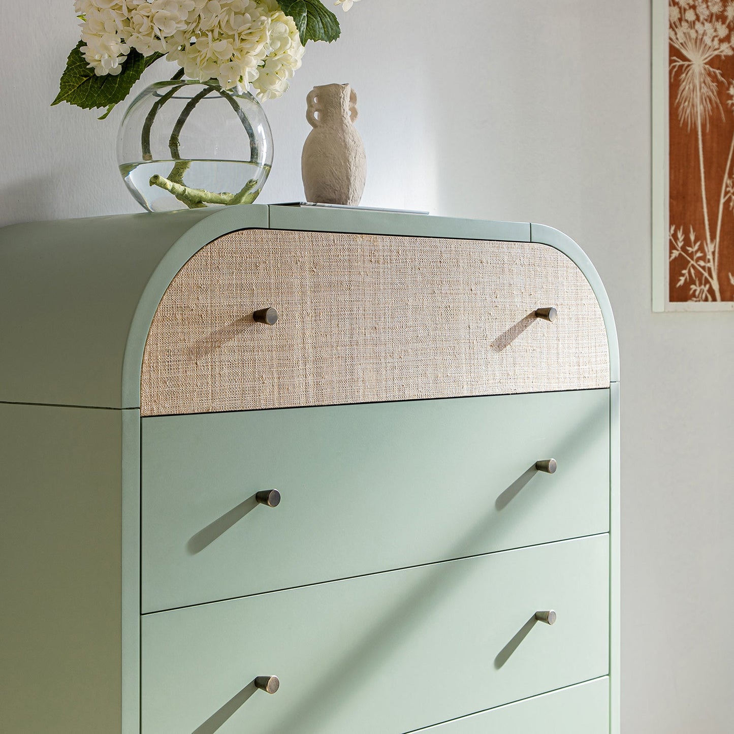 Maude Tall Chest, Muted Pistachio Ash with Raffia
