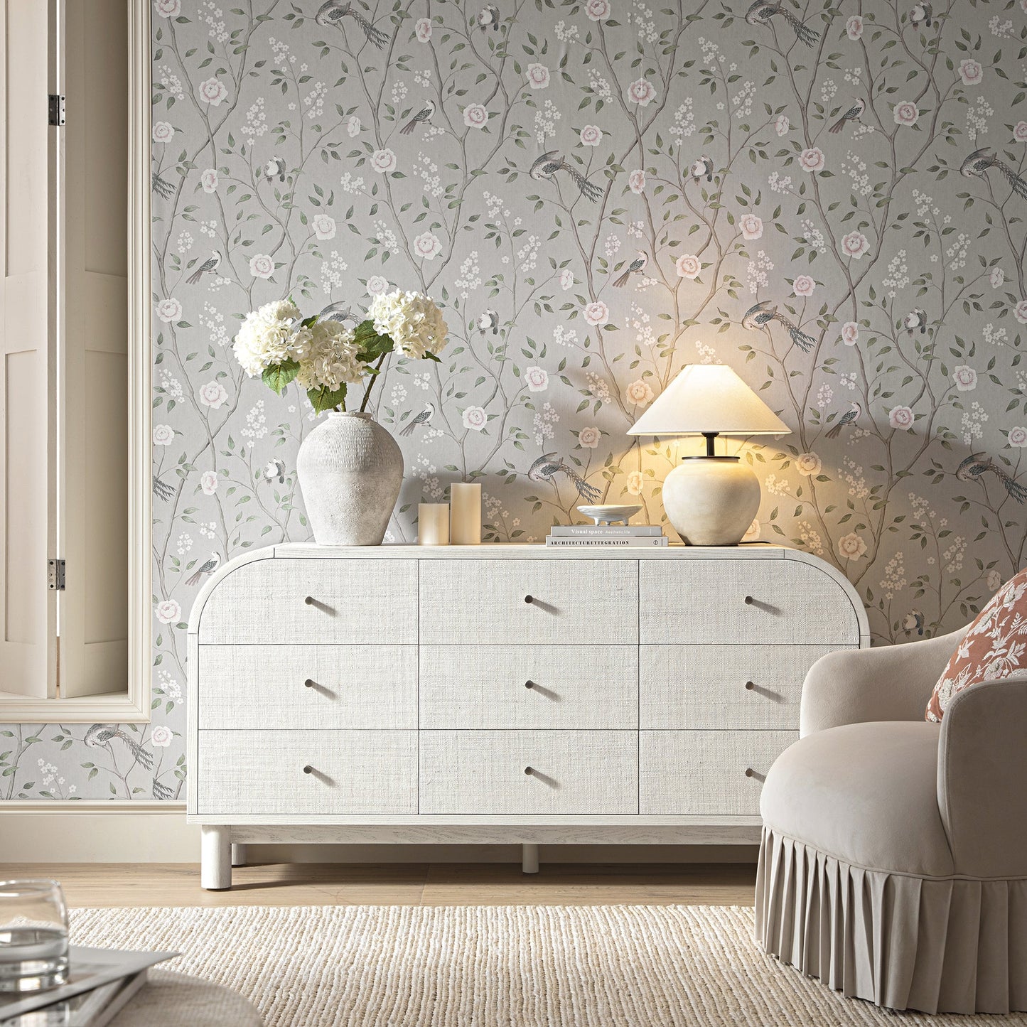 Maude 9 Drawer Chest, Washed White Ash with Raffia