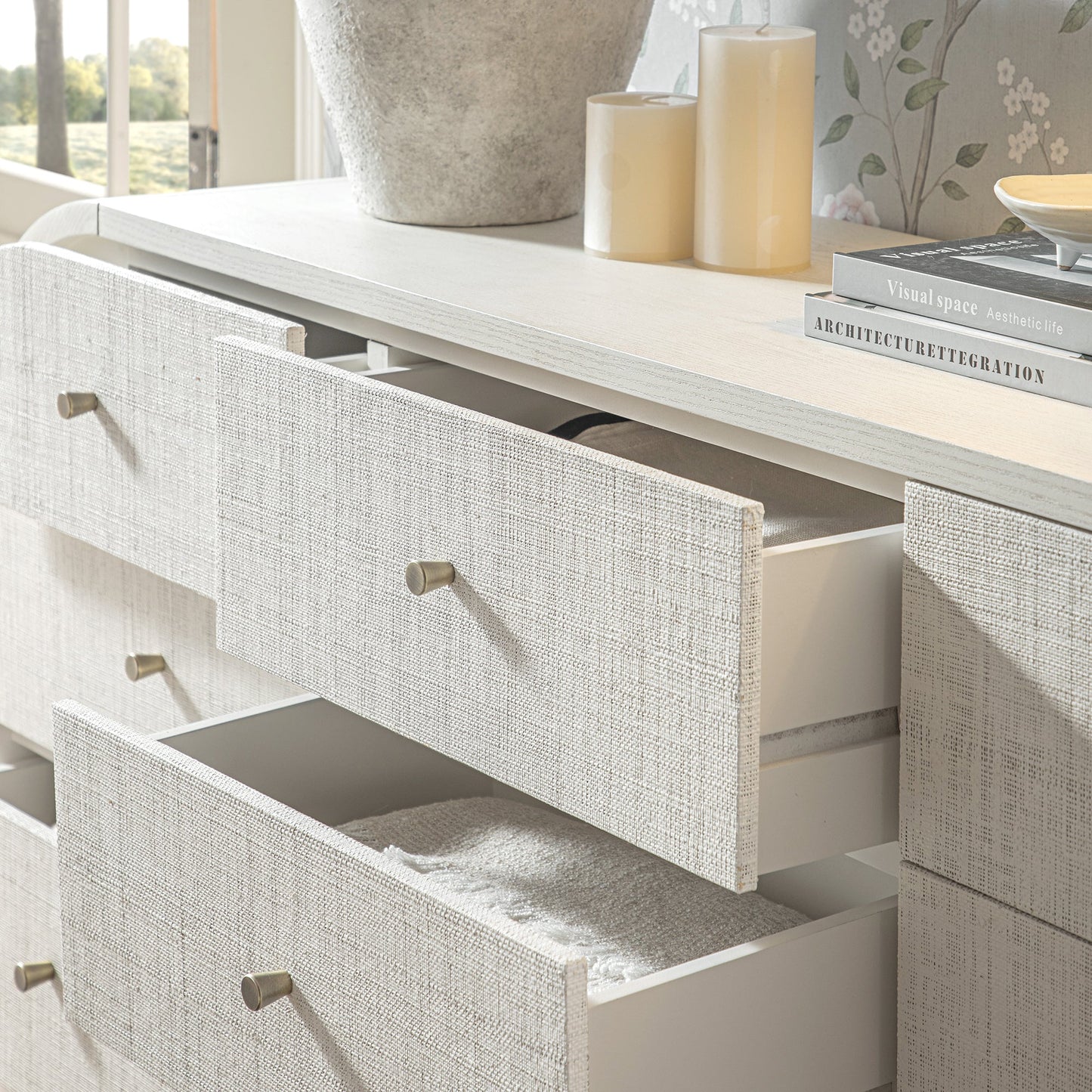 Maude 9 Drawer Chest, Washed White Ash with Raffia