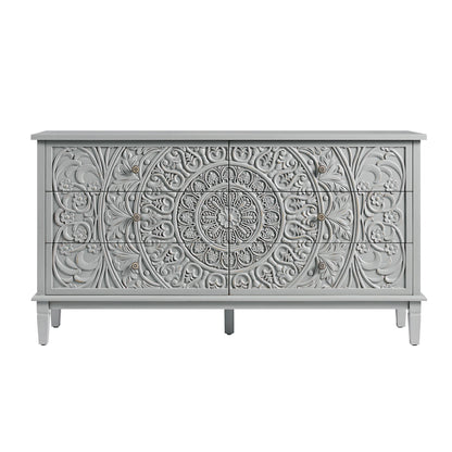 Chantilly Mid Grey Carved Wide 6 Drawer Chest