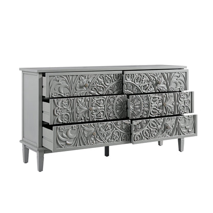 Chantilly Mid Grey Carved Wide 6 Drawer Chest
