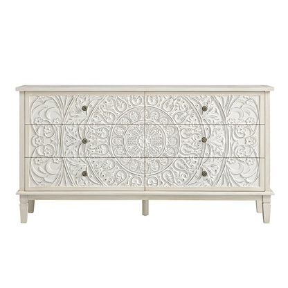 Chantilly Whitewashed Carved Wide 6 Drawer Chest