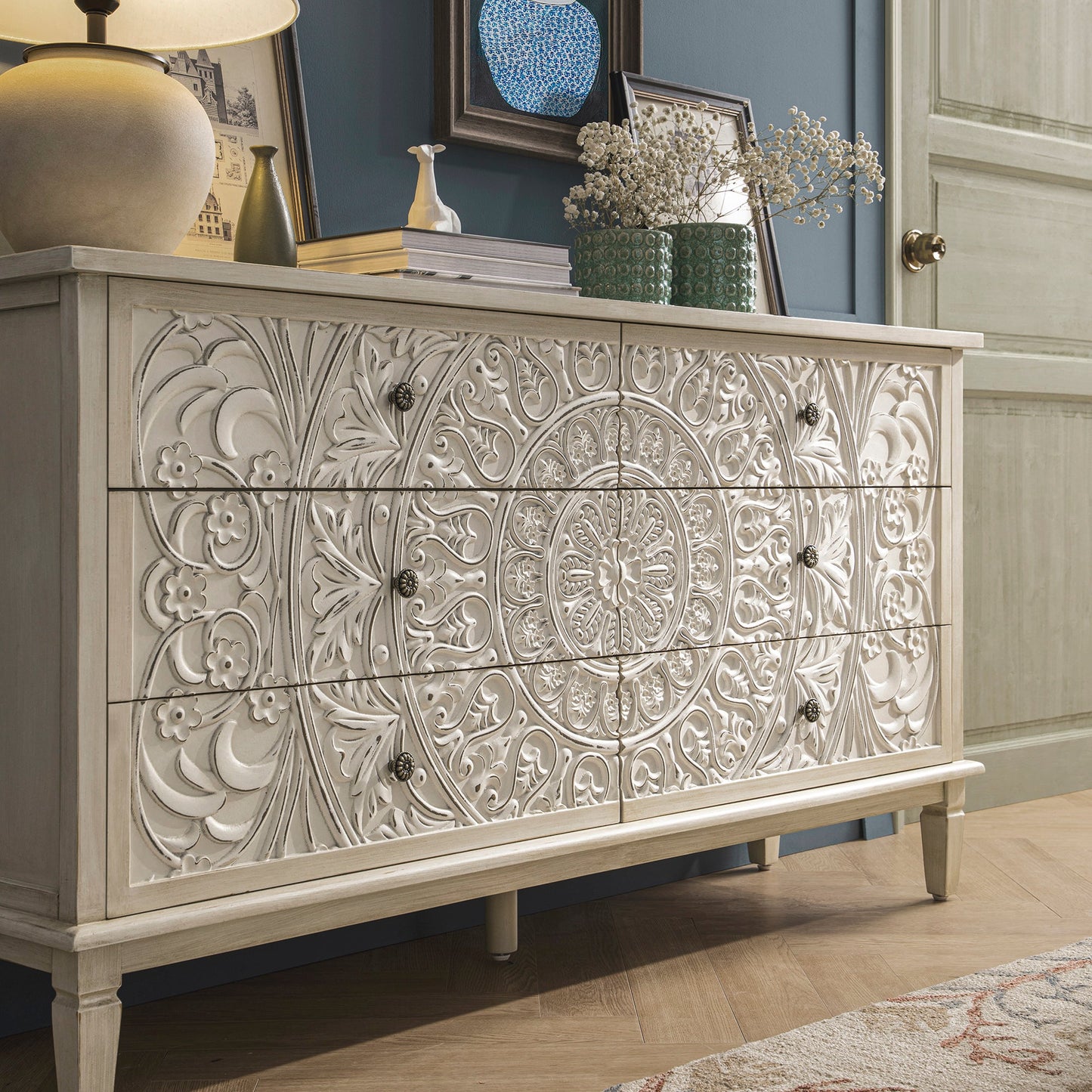 Chantilly Whitewashed Carved Wide 6 Drawer Chest
